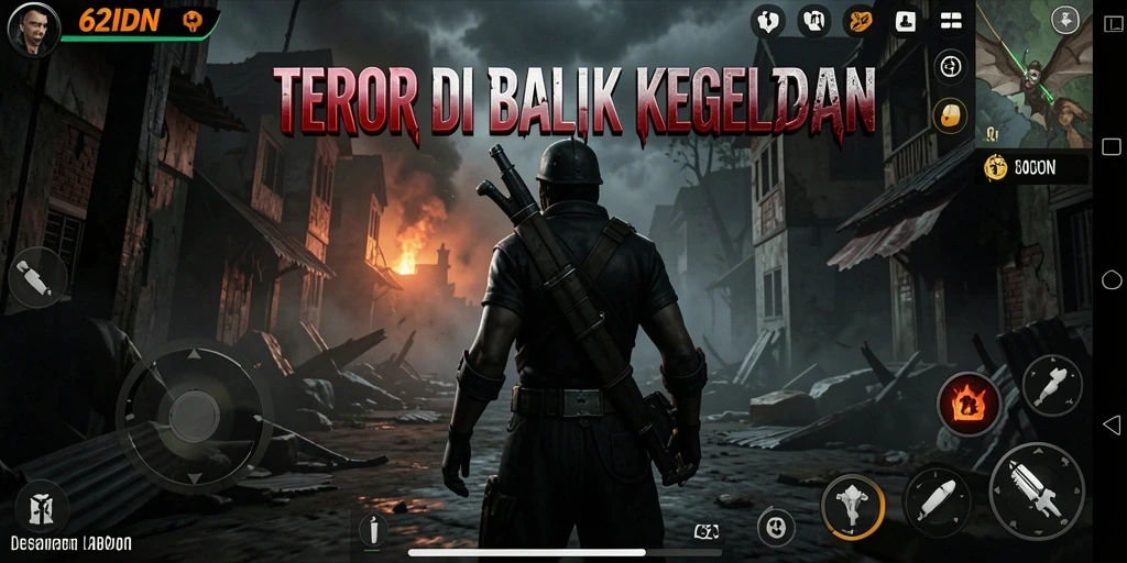 Tampilan gameplay mencekam di 62IDN dengan suasana horor yang kental.
