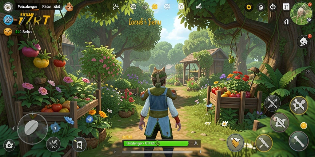 Tampilan gameplay seru dari 77RT dengan kebun yang indah.
