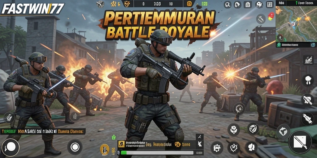 Tangkapan layar utama FASTWIN77 menampilkan aksi pertempuran seru dalam arena Battle Royale.
