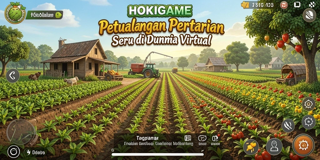 Tampilan gameplay HOKIGAME yang menggambarkan lahan pertanian yang subur dan aktivitas bertani.