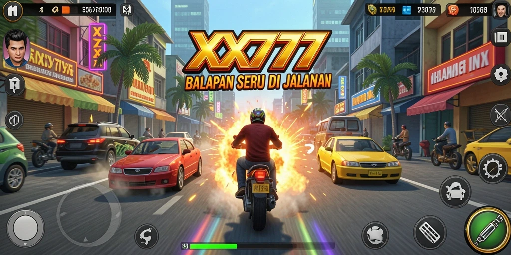Tampilan gameplay seru dalam balapan XXX777 yang penuh aksi.